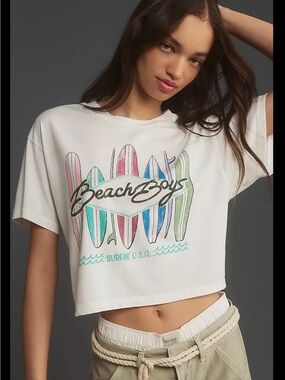 Anthropologie White Crop Tee with Multicolor Surfboard Graphic